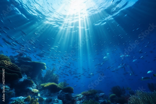 Underwater blue ocean with sunbeam