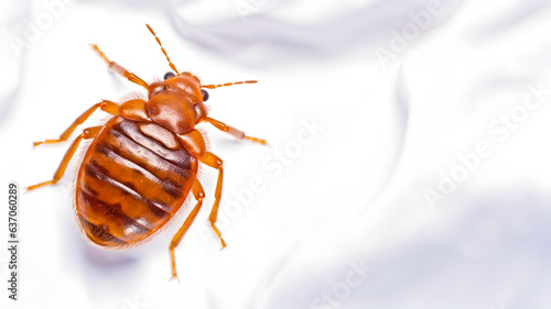 Pesky Bed Bug Crawling on Bedding isolated on white