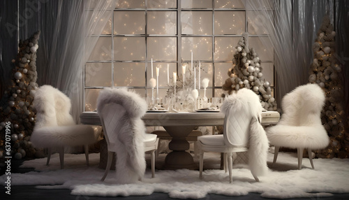 silbener weißer festlicher Tisch mit üppiger Deko zu Weihnachten
