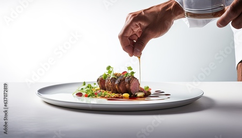 Chef's hand garnishing a beef steak with vegetables on a white plate