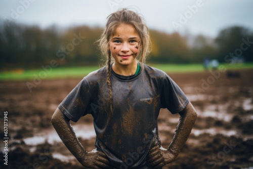 Cute little girl playing with mud in the field on a rainy day