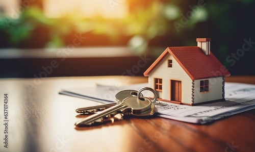 Keys on the table beside tiny house against the background of sunset and large windows. Buying new home.