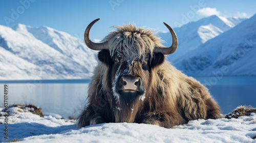 a wild yak (Bos mutus) in the snow in winter.