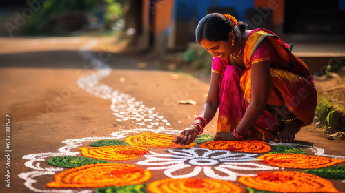 Beautiful Indian woman traditionally dressed making rangoli from flowers near the house in India