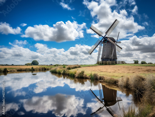 Dutch windmill with river, blue sky with clouds reflecting in water