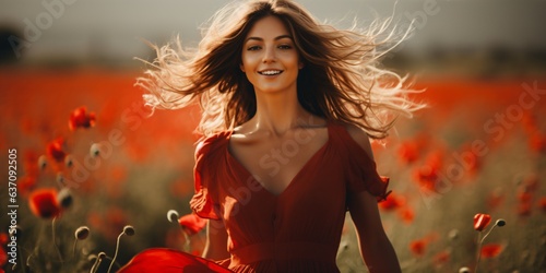 young woman in a red dress on a flower meadow full of red poppies