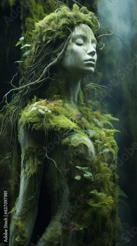 Guardian of Nature. Statue of a woman covered in green moss, plants and roots in the wood - Nymph, dryad, fairy, mystical myth and legend, spirit of the forest.