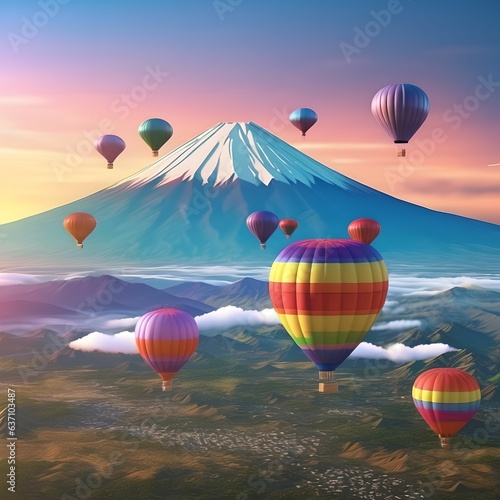 montgolfières, au dessus de la region du mont fuji, japon, incrit au patrimoine mondial de l'UNESCO, generative ai