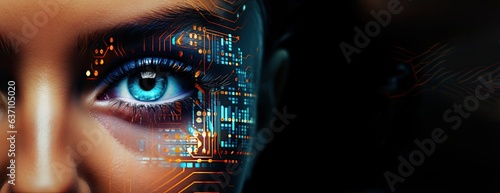 Close up female eyes as a biometrics eye scanning photorealistic futuristic digital cyber technology colourful facial recognition, dark background