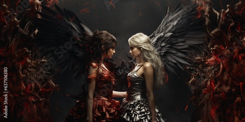 fantasy illustration of a bad demonic girl versus white angel girl