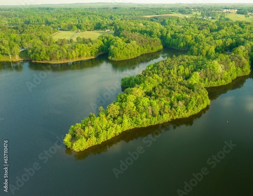 Aerial view of Lake Mackintosh surrounded by lush greenery. Burlington, North Carolina.