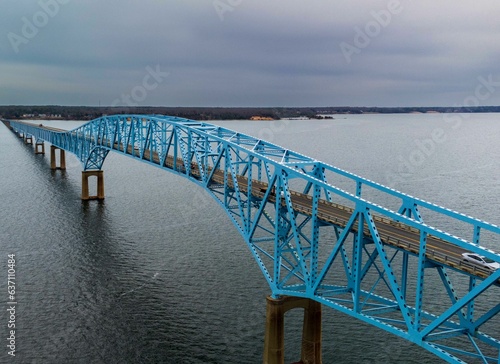 Aerial shot of the Robert O Norris bridge spanning the Rappahannock River in Virginia.