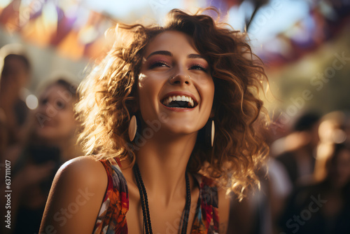 Portrait of a young woman having fun at a summer music festival concert