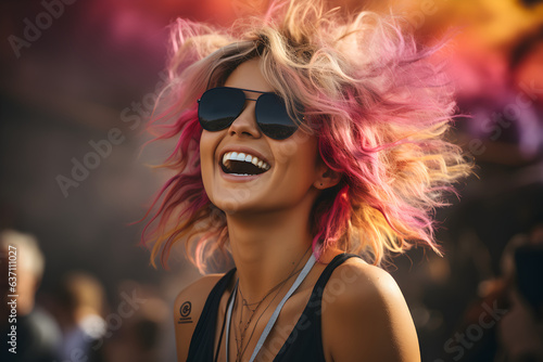 Portrait of a young woman having fun at a summer music festival concert