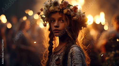 Latvian in traditional clothes and flower crown at a midsummer bonfire
