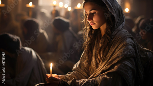 A female rabbi studying the Torah or leading a ceremony, perhaps with a tallit draped around her.