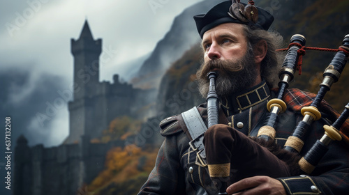 Scottish bagpiper in full Highland dress, playing the bagpipes under a cloudy sky, with a castle in the backdrop.