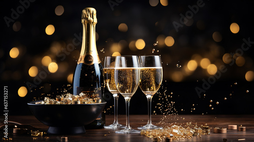 Luxury celebration birthday new year's eve Sylvester or other holidays background banner greeting card - Toast with sparkling wine or champagne glasses and bottle on dark black night background