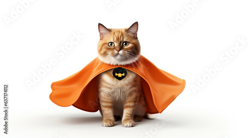 A Superhero Cat with an orange cloak on a white isolated background, concept of a superhero, super cat costume, Halloween costume, Autumn, Fall Concept, Canva