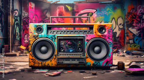 Vintage 80s ghetto blaster set against a vibrant, colorful graffiti wall on a littered city street, reflecting urban culture