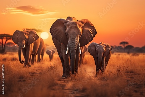 a herd of elephants walking across a dry grass field at sunset with the sun in the background and a few trees in the foreground,Generated with AI