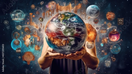 A person holding a globe while surrounded by symbols of various disciplines, depicting the breadth and depth of human knowledge