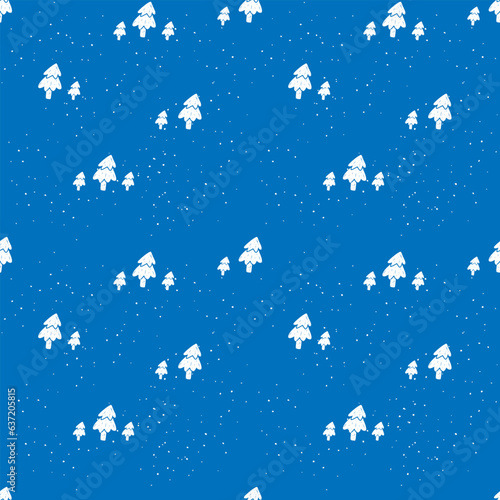 Cute Seamless pattern with Christmas tree on textured background. Vector pattern in linocut style. Blue background.