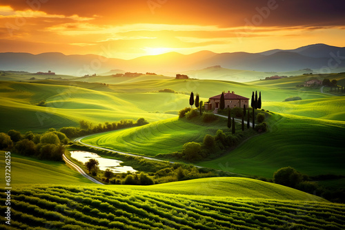 Generative AI landscape illustration of Tuscany valley in Italy at sunset time