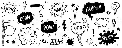 Comic bomb boom vector element. Hand drawn cartoon explosion bomb effect, splash, exclamation smoke element. Doodle hand drawn text boom, pow, wow. Vector illustration.