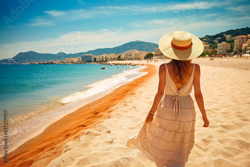 Breathtaking elegance of a woman in summer dress and straw hat, strolling along French Riviera beach. Quintessence of luxury vacation, glamour fashion and tropical serenity.