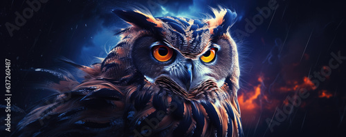 Funny owl portrait against dark night background. eagle-owl head detail.