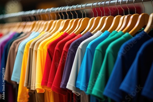 Assorted Plain T-Shirts in Different Colors Hanging on a Rack, Blurred Store Interior Generative AI