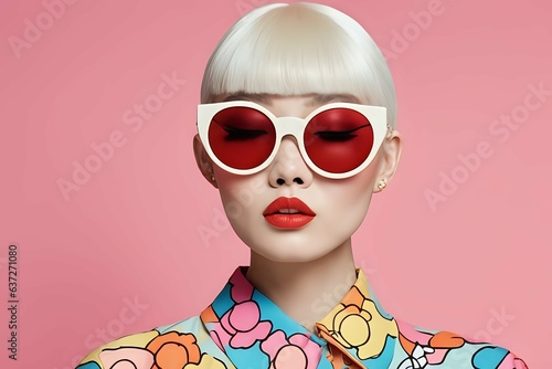 Pop art fashion model woman with sunglasses and pink background ai generative image