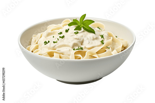 A bowl of fettuccine Alfredo with garnish, isolated on transparent background, Generative Ai