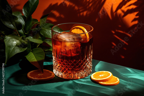 Presenting the Negroni Mezcalito cocktail, blending Mexican mezcal, vermouth, bitter, herbal liqueur, orange, cinnamon, and ice. It's showcased on a dark green backdrop, highlighted by hard light