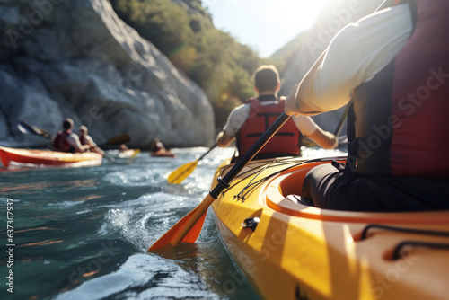 A gang of pals navigating kayaks or rafts down a swift river, with imposing rocky cliffs as the backdrop.