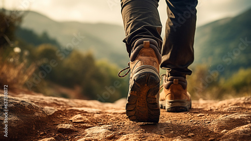 one person walking in the woods. Speed-hiking shoes closeup. AI Generative