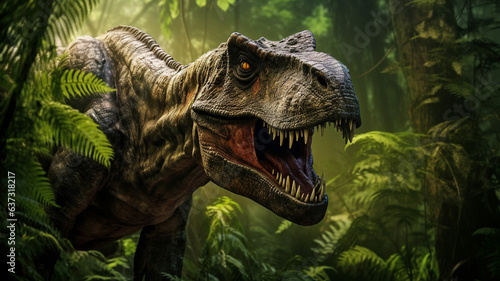 Dinosaurs tyrannosaur rex in the primeval forest, created with generative ai.