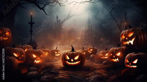 Halloween Pumpkins in the Woods.Generative Ai