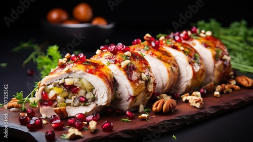 Pork Loin Roll Stuffed with Chicken Breast, Apples, Cranberries, Walnuts and Herbs