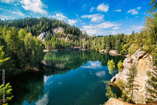 Beautiful lake in the forest. Summer landscape. 