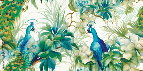 Luxurious peacock, plants and flowers. Vector Vintage Modern seamless pattern of tropical palm leaves, fern, peacock feather, butterfly for pattern, wallpaper or background. Fashionable template