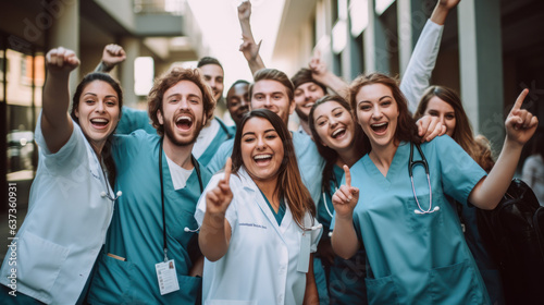 Celebrating medical education: Diverse team of students wearing nurse uniform cheers for joy