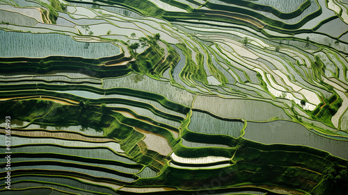 Aerial environmental photography drone shot of a green sustainable landscape nature scene rice field terrace in Asia