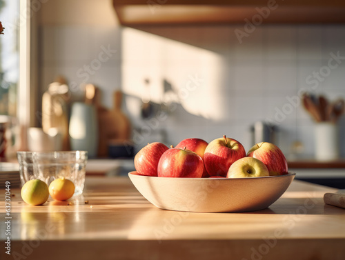 Fotografía de una cocina impecable con electrodomésticos modernos y un cuenco con manzanas frescas en la encimera.