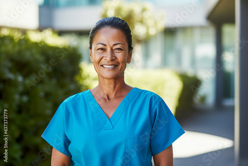 Smiling middle age nurse in blue scrubs posing outside a hospital.
