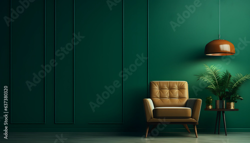interior has a armchair on empty dark green wall