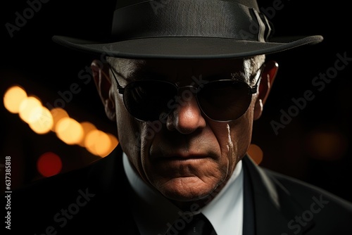 Face portrait of a gangster in sunglasses and hat standing on a city street at night 