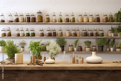 Herbal apothecary aesthetic. Jars with dry herbs and flowers on a beige background in the interior. With Generative AI technology