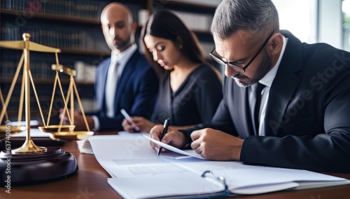 Lawyer working with clients in office. Law and order concept.